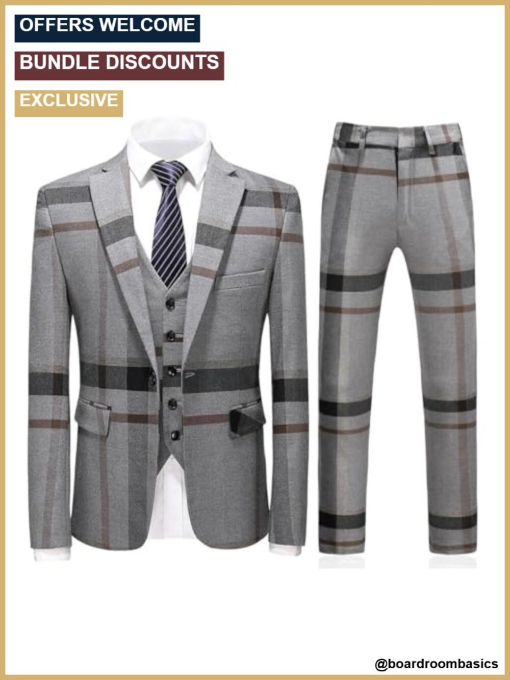 Men's 3 Piece Plaid Suit Set, Slim Fit, Notch Lapel, Tuxedo Jacket
